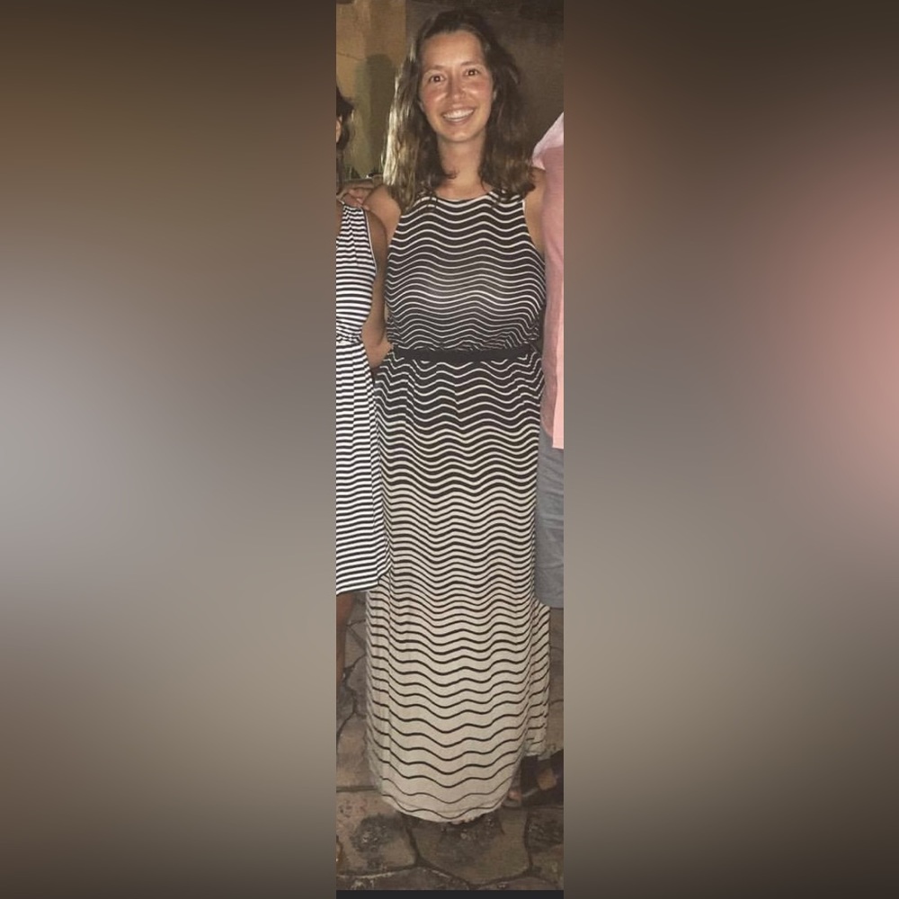 Navy blue and white striped Maxi dress.
